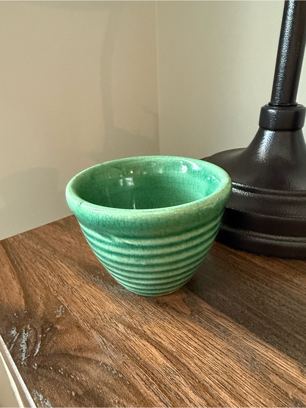 Vintage Green Crackle Glaze Art Pottery Bowl /Pot Ribbed Ceramic